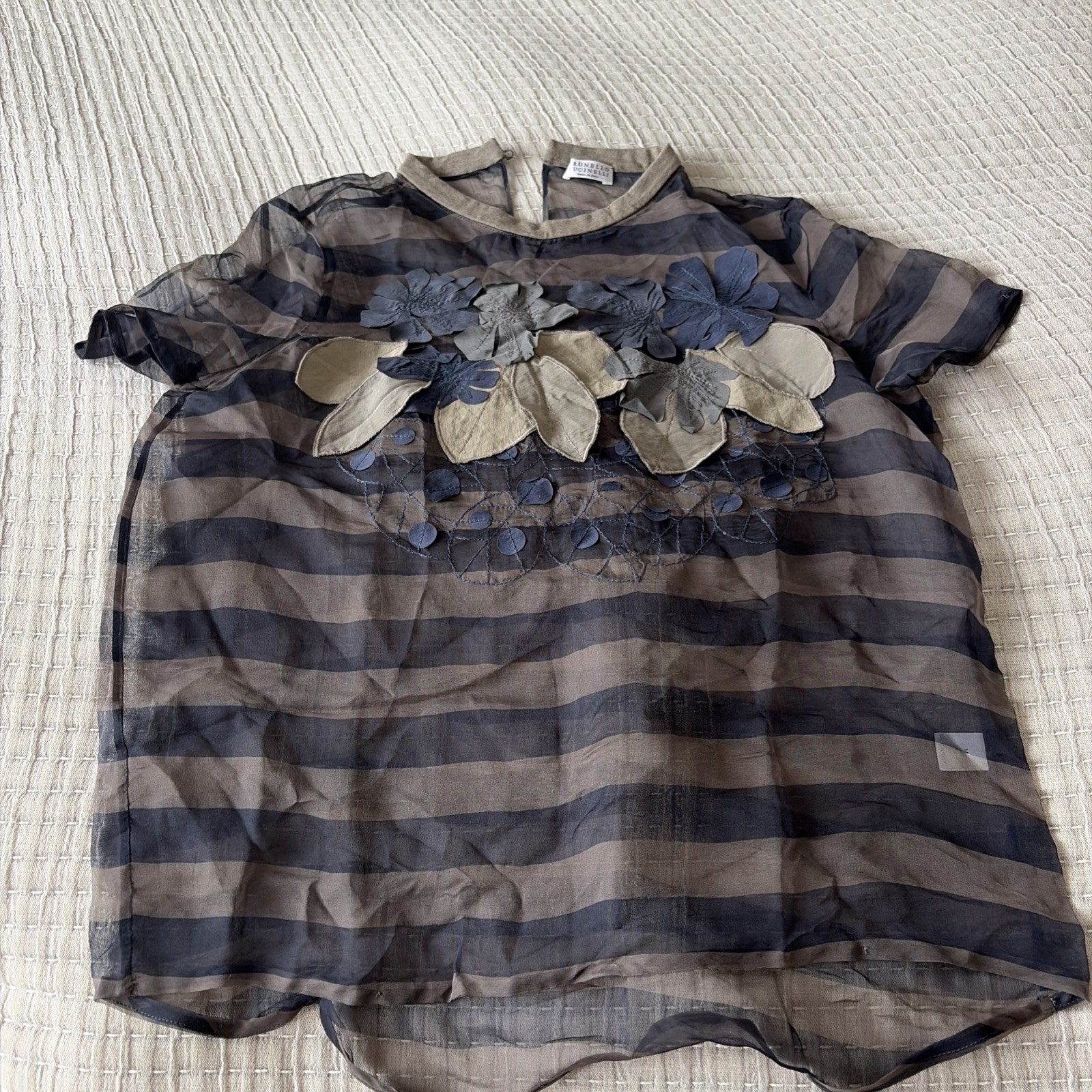 Brunello Cucinelli FLoral Mesh Short SLeeve Silk Blue Top Blouse Shirt S M 6 7 8