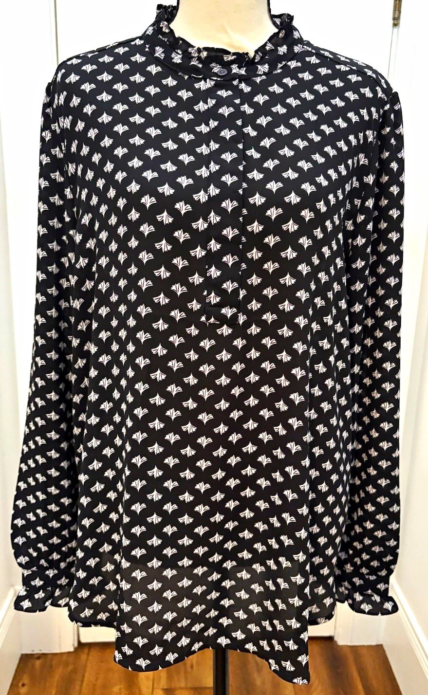 LOFT XL Black White Print Blouse Ruffle Mock Neck Long Sleeve Button Back Top