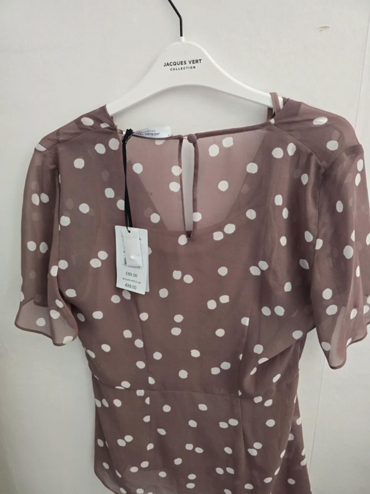 Jacques Vert Brown & White Polka Dot Asymmetrical Top Size 8 NWT