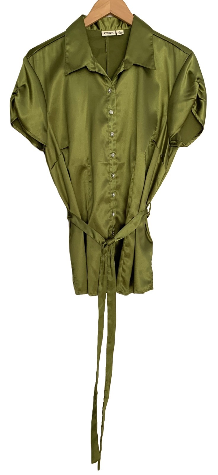 Vintage Y2K Cato Green Satin Button-Up Ruched Short Sleeve Blouse w Sash – Sz XL