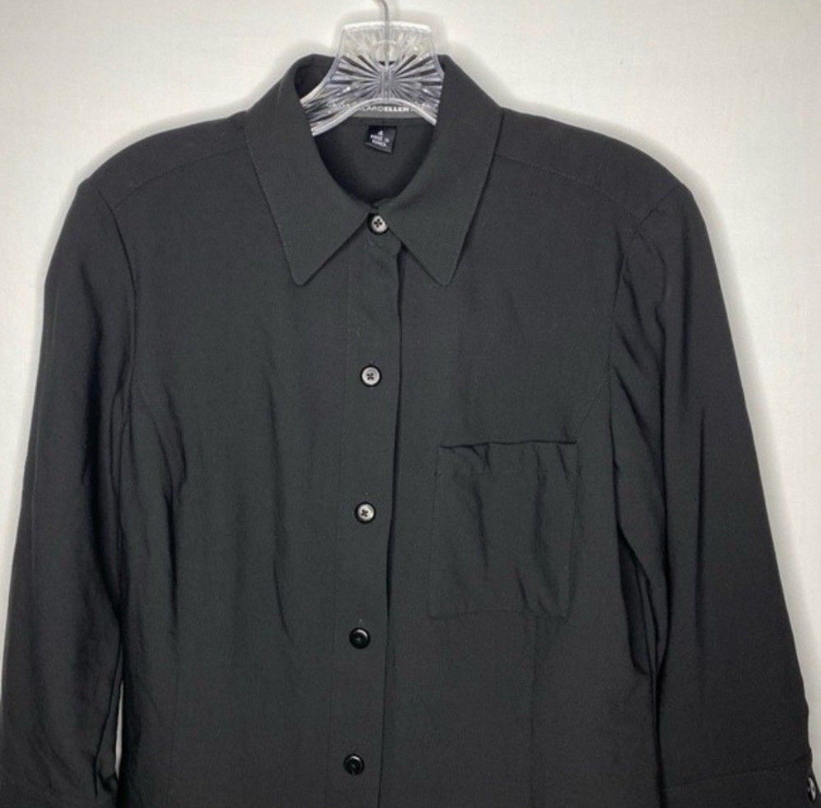 Linda Allard X Ellen Tracy Shirt Womens 4 Black 100% Wool Button Down 3/4 Sleeve
