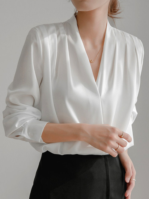 Womens Long Sleeve Shirt Silk Stain V-Neck French Office Lady Summer Blouse Tops