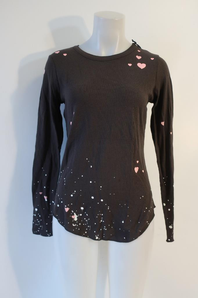 NWT Womens Chaser Vintage Black Pink White Heart Dot Graphic Waffle Top S
