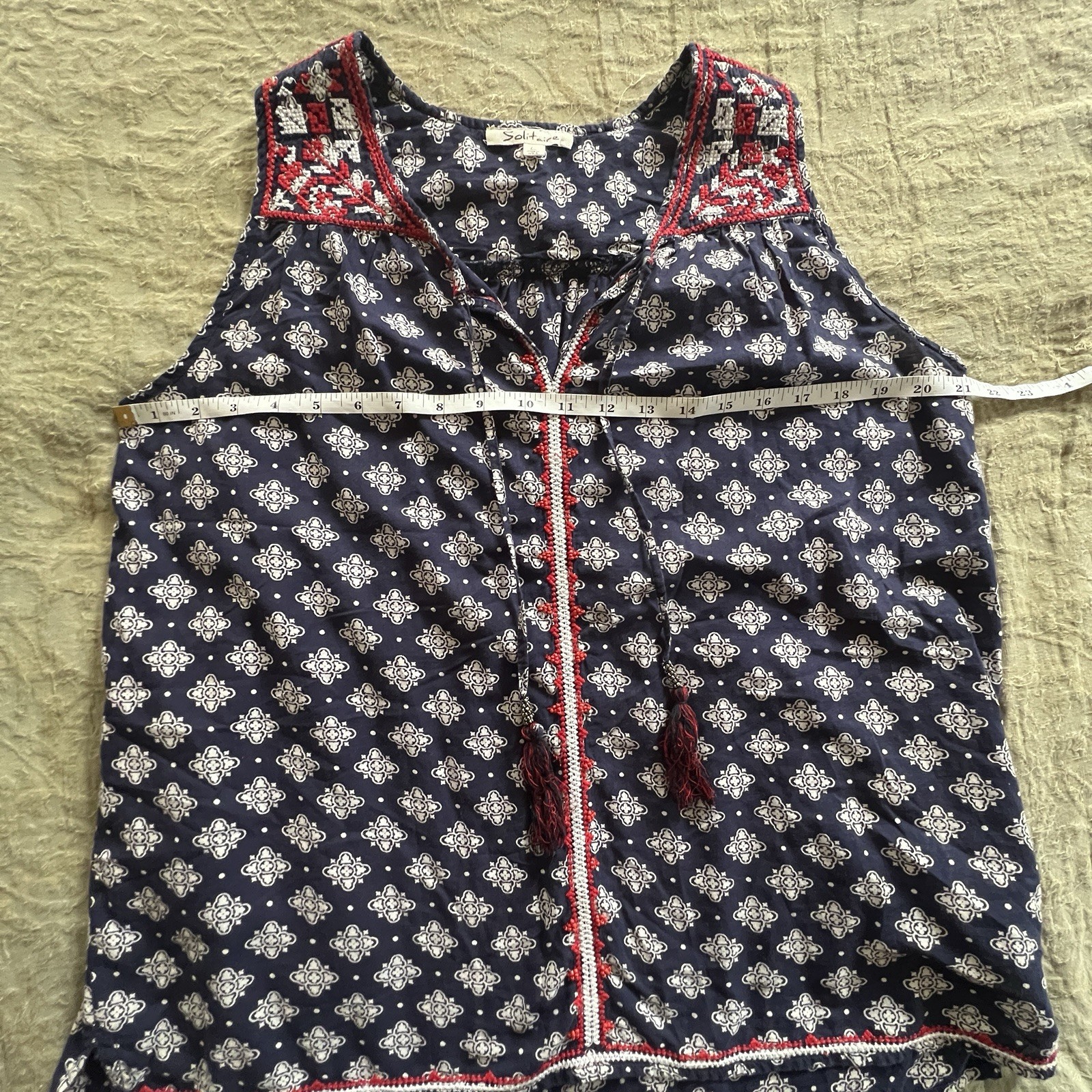 Solitaire Women’s Boho Indie Embroidered Split Neck 100% Cotton Tank Top Size L