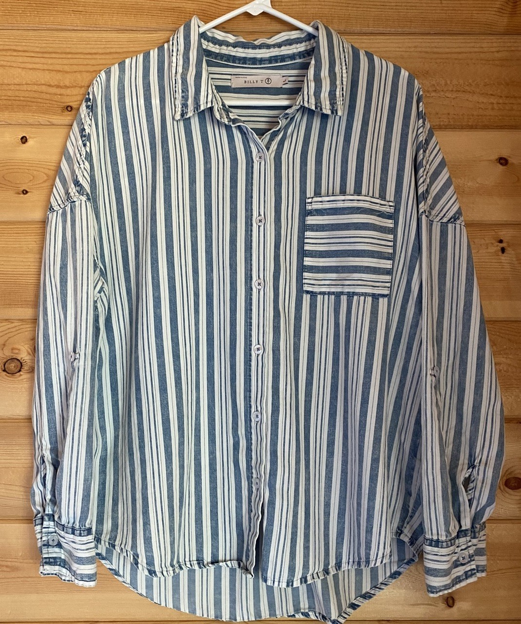 Billy T Women’s Size Large Denim Striped Shirt Cotton Lyocell Button Front