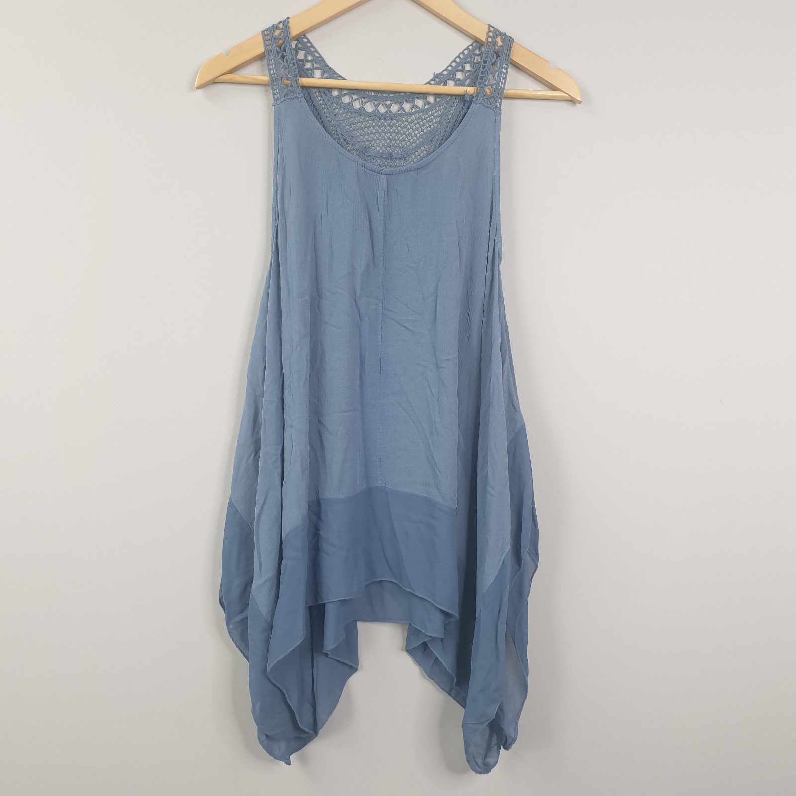 Joe Browns Tank Womens Small Blue Crochet Back Hankerchief Hem Boho Top