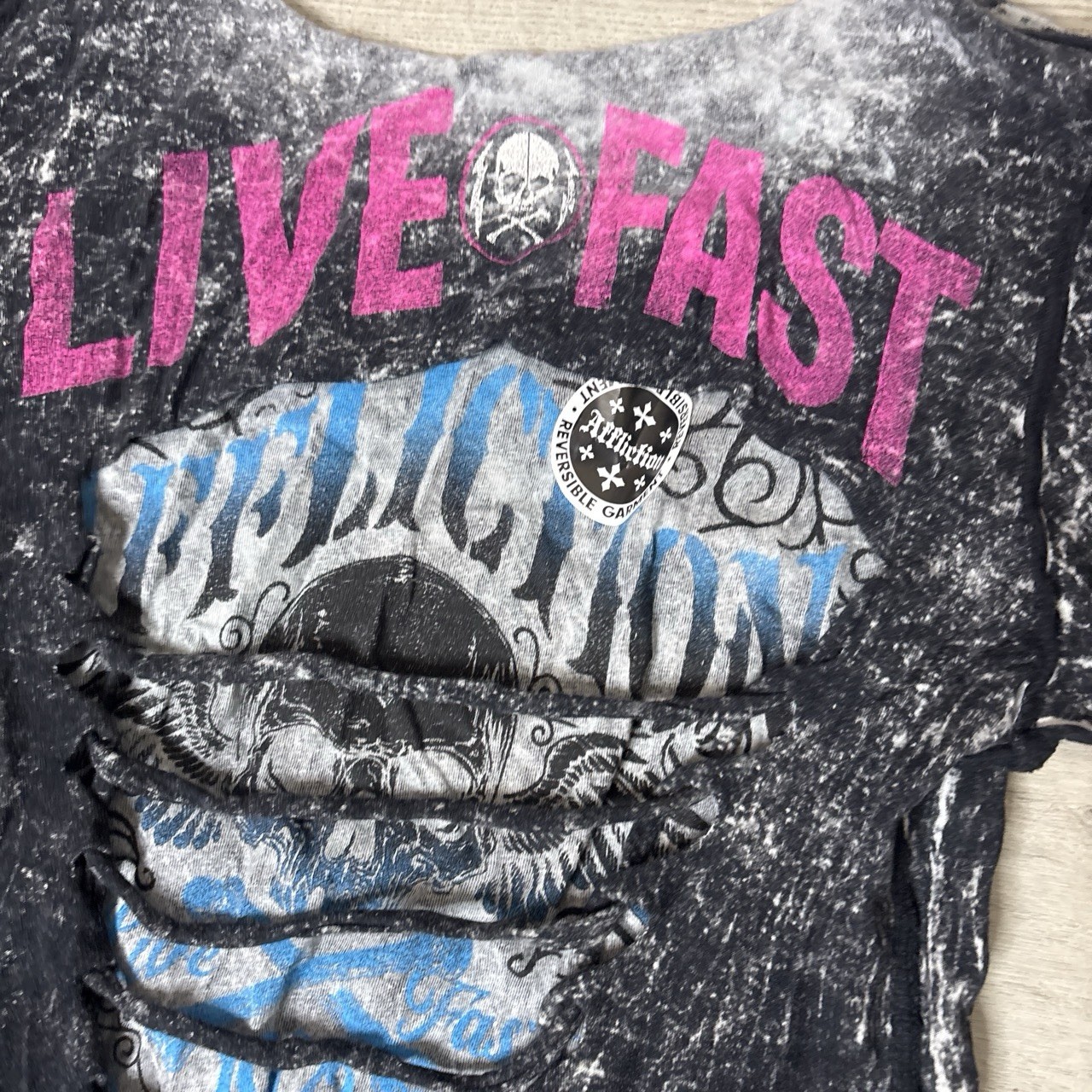 Vintage 2000s Y2K Affliction Cut Reversible Over The Shoulder Live Fast Top