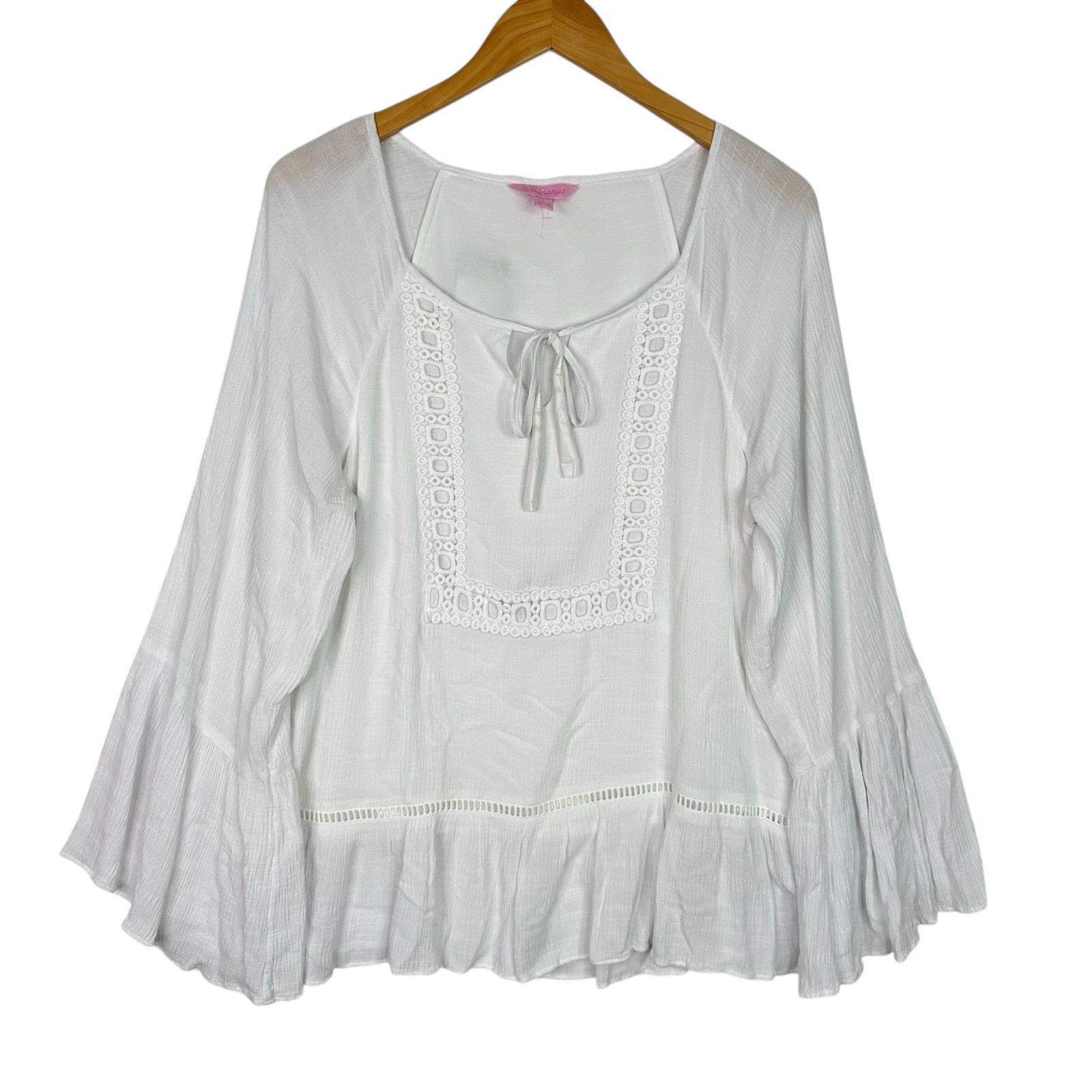 Lilly Pulitzer Amisa Top Womens L White Gauze Lace Bell Sleeve Peasant NWT
