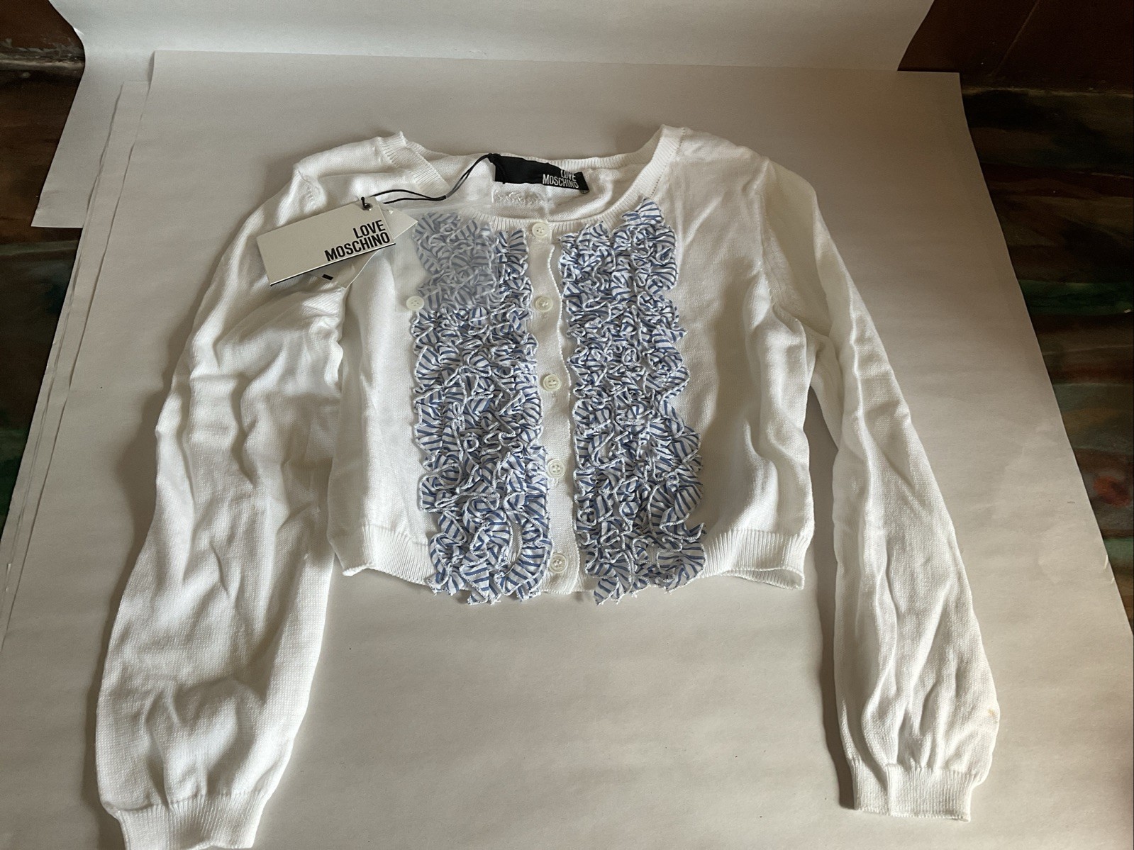 Love Moschino Women’s Top White Blue Ruffle Crop Sweater XS? EU 40