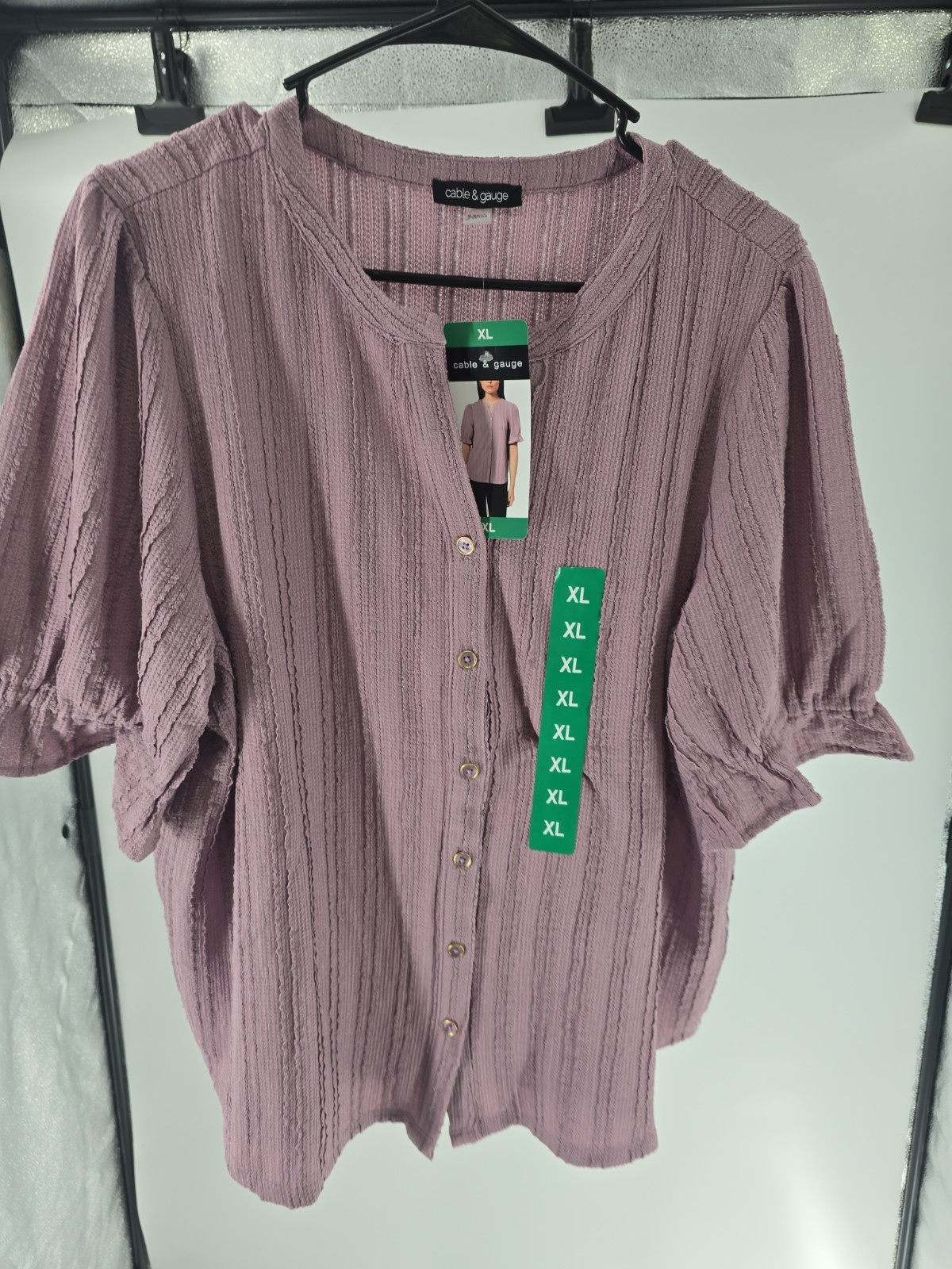 Cable & Gauge Women’s Purple Textured Crinkle, Button Front Blouse XL