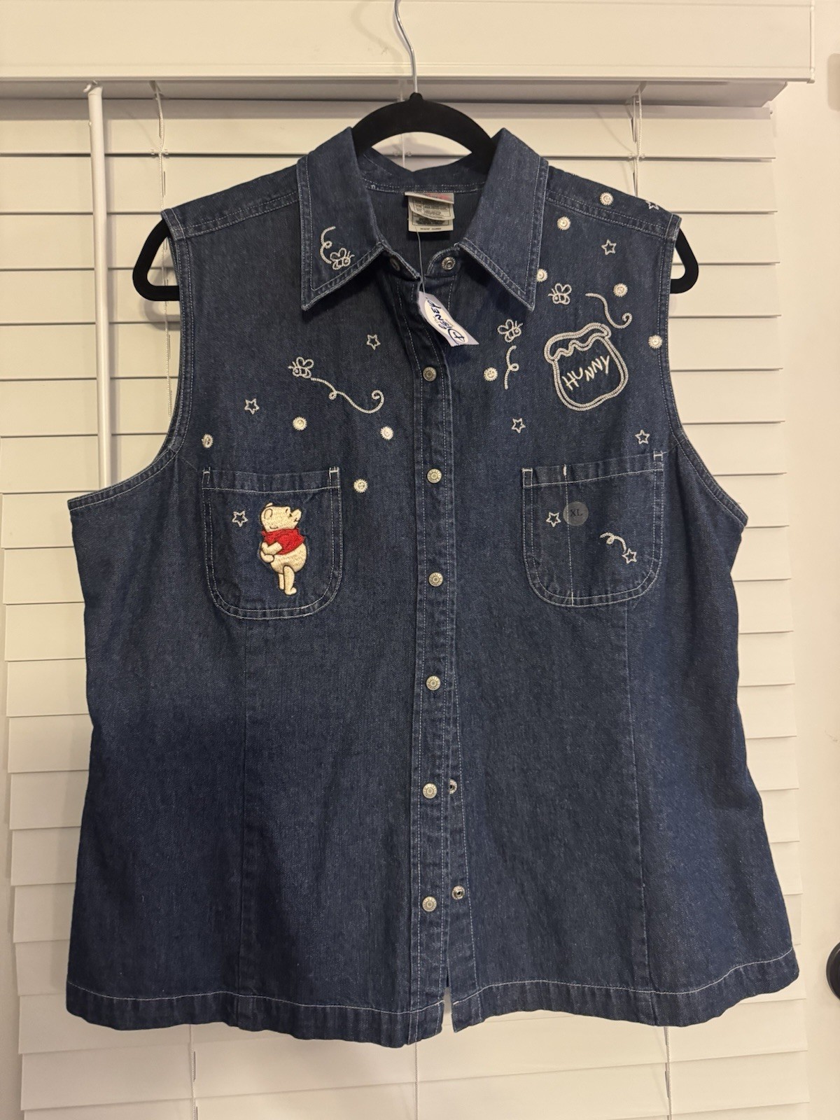 Vtg 90s Disney Store Denim Shirt Sleeveless Winnie The Pooh Embroidered XL Vest