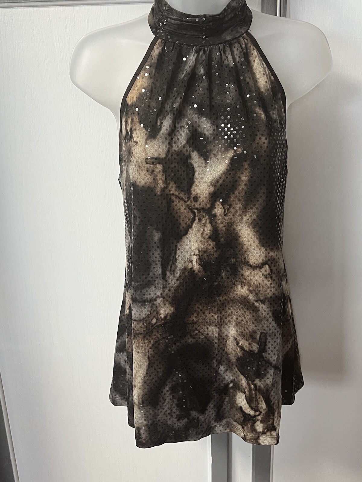 Large Studio Y Sequin Blouse Tie Back Neck, Brown Cream Black, Spilled Ink Print