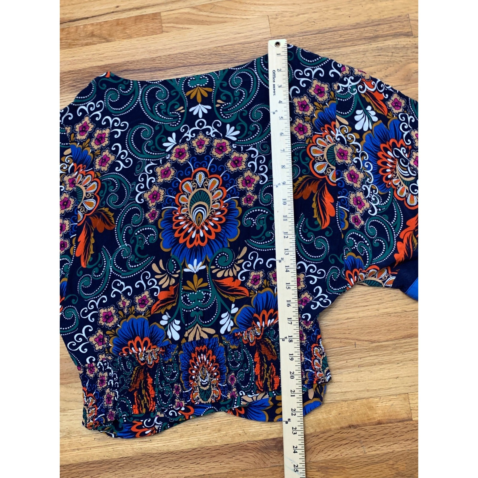 Anthropologie Navy Paisley Floral Smocked Waist Dolman Blouse Top Size M