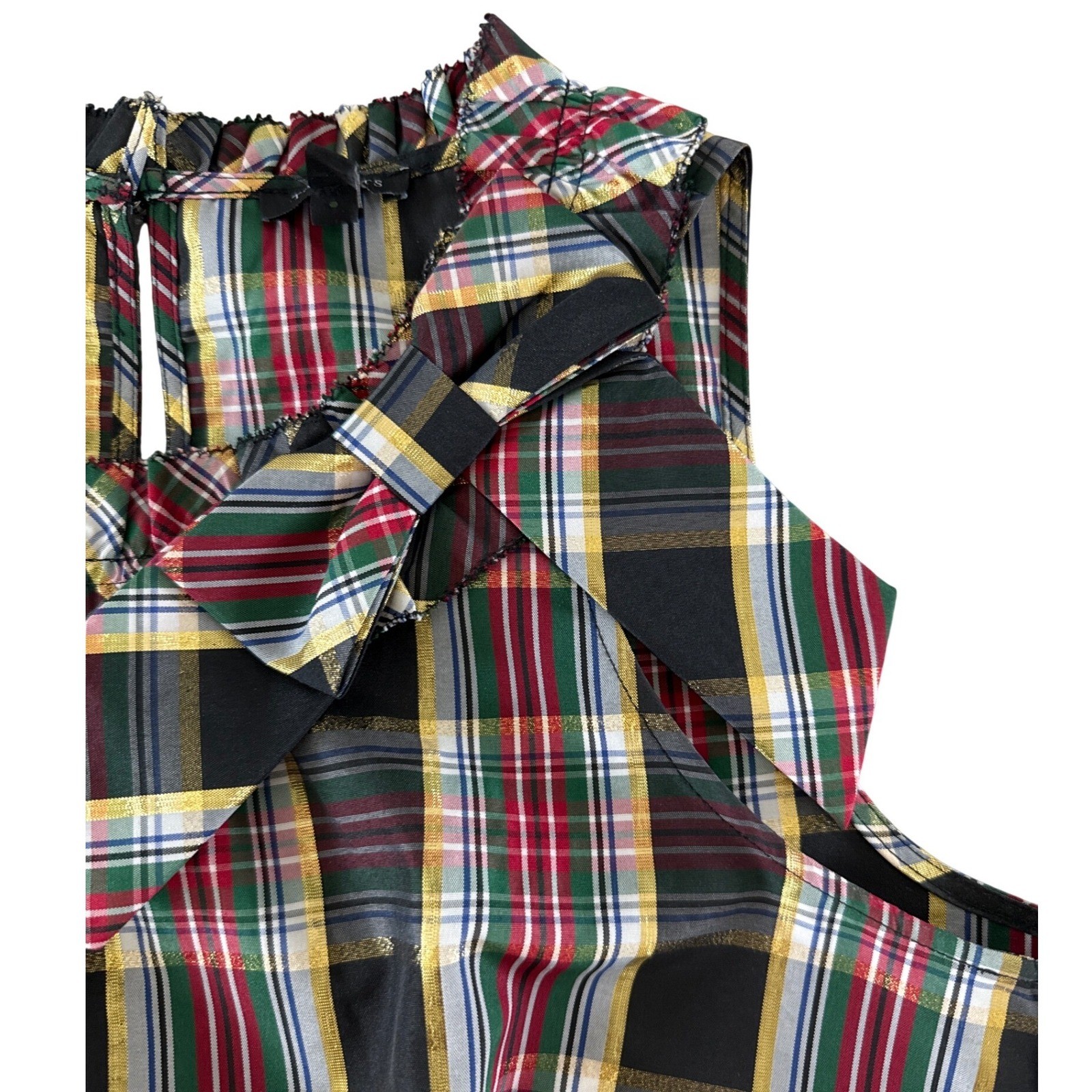 Talbots Bow Ruffle Neck Shell Celebrate Plaid MP M Petite Holiday Metallic NWOT