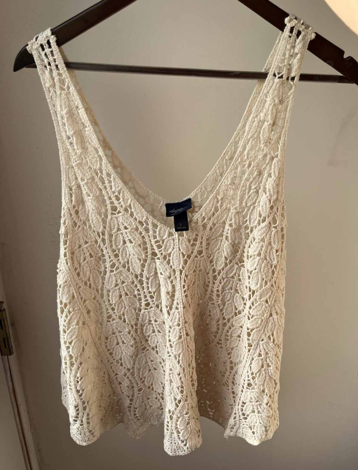 Daytrip Women’s Ivory Floral Crochet Lace Sheer Scoop Neck Tank Top Cotton L