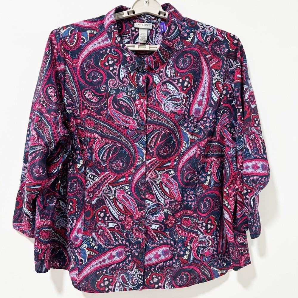 Catherines Paisley Button Down Shirt Womens Size 3X Petite Pink and Blue Dark