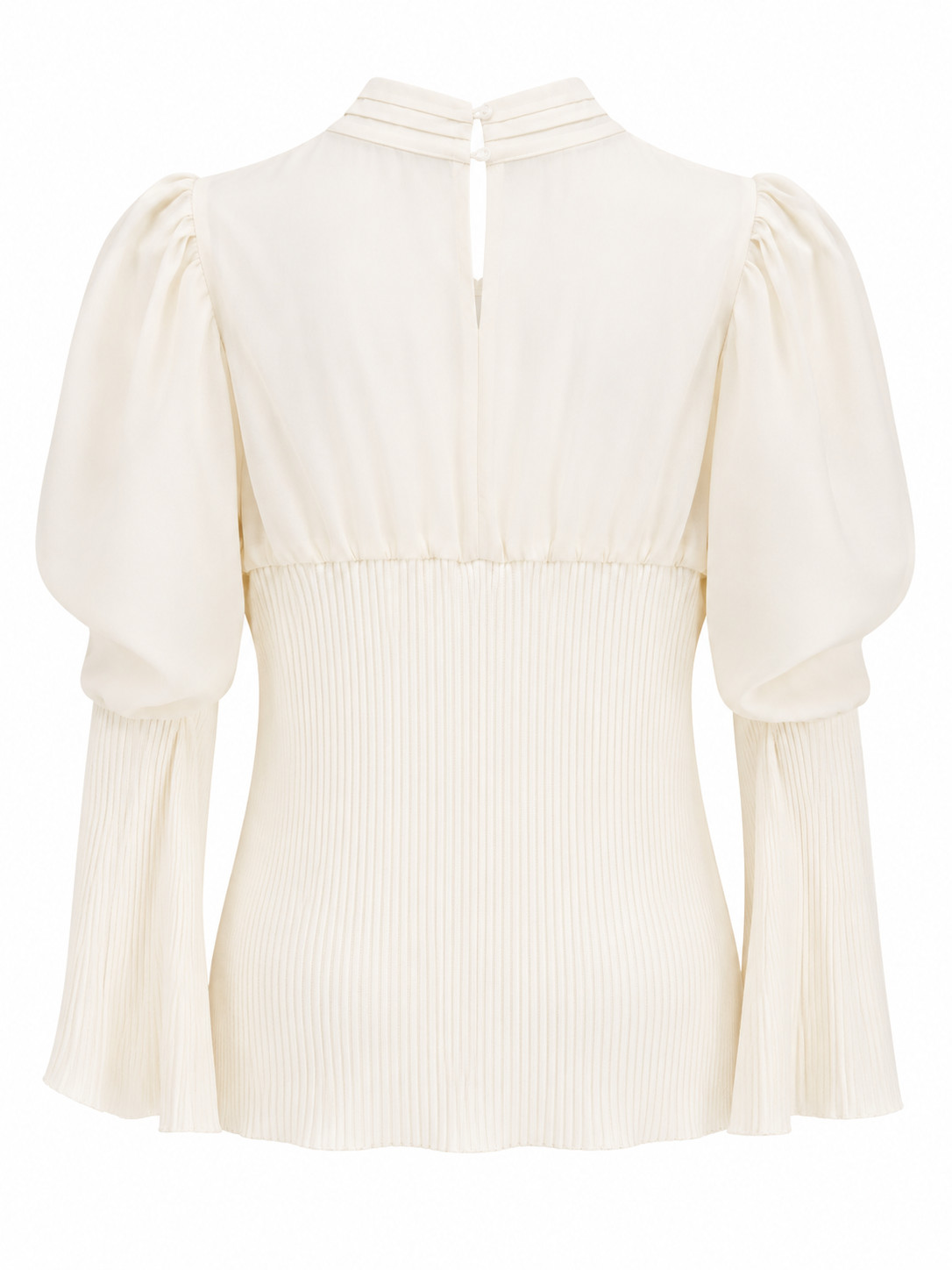 SNIDEL Elegant Ivory Ribbed Knit Blouse with Sheer Yoke & Puff Sleeves