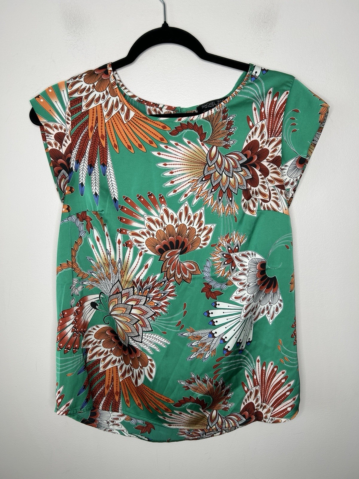 Rachel Zoe Green Feather Print Silky Feel Short Sleeve Blouse Size XS