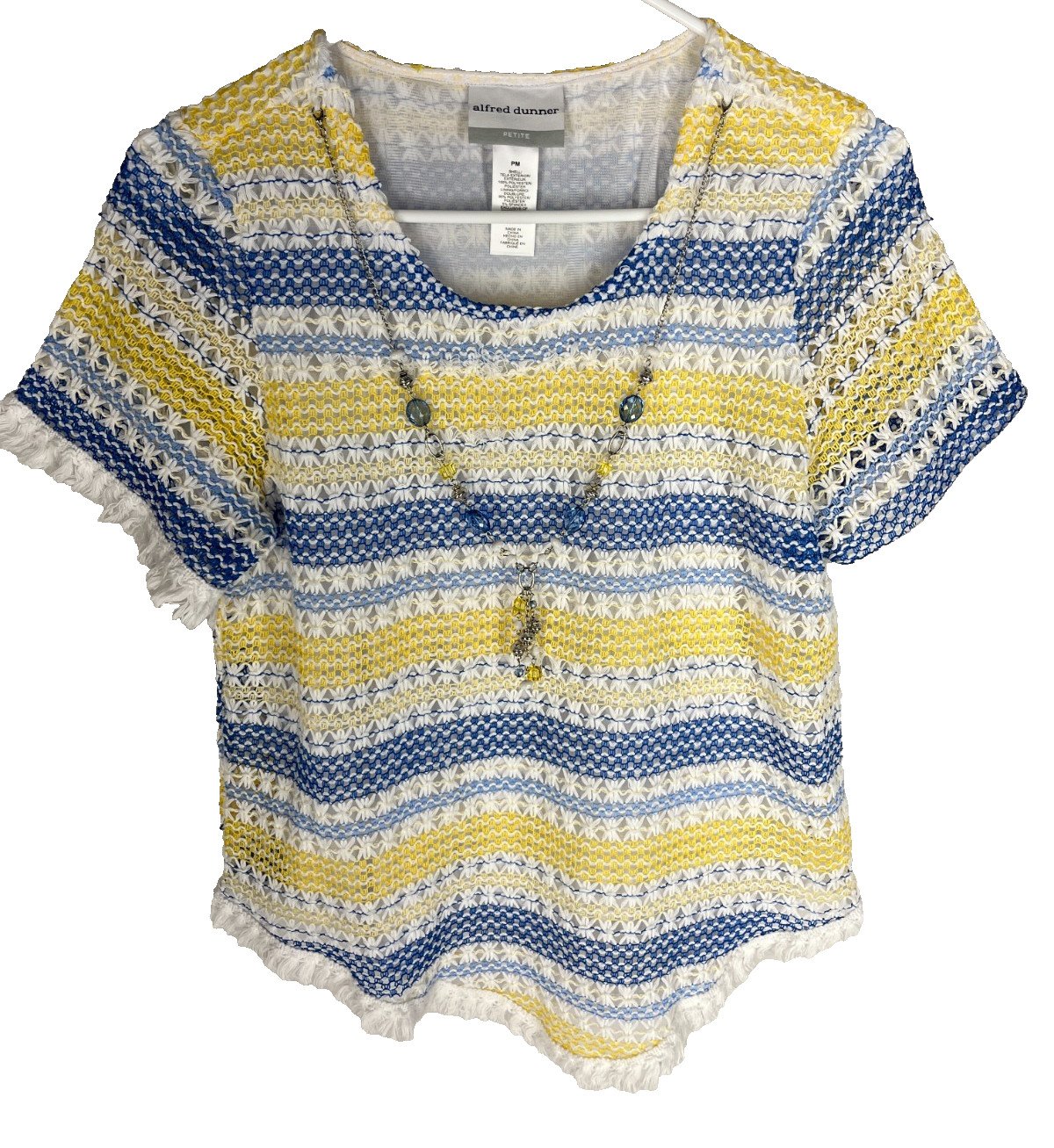 ALFRED DUNNER Top Size P Medium Yellow Blue Neck Detail Fringe Boho Blouse NEW