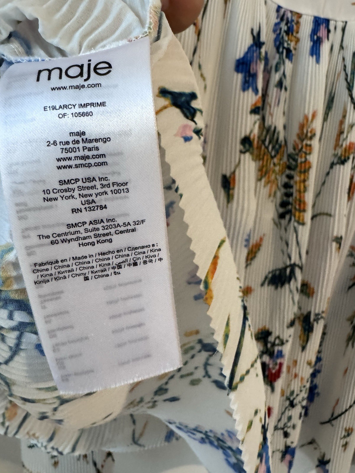 maje White Multicolor Floral Pleated Balloon Sleeve Blouse V-Neck Size 2