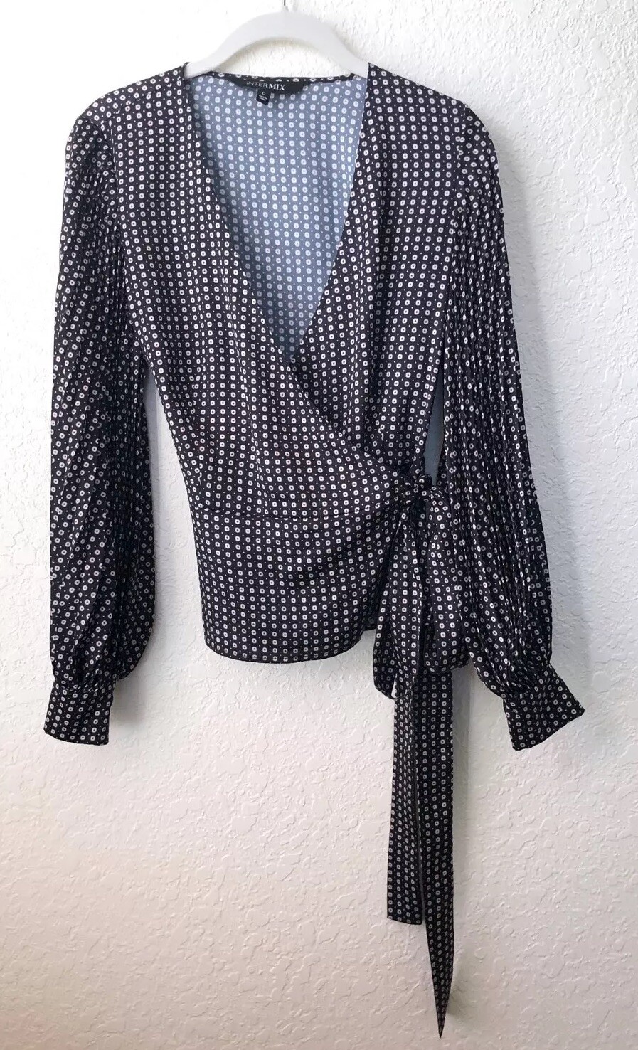 Intermix Satin Wrap Blouse Top Black White Balloon Sleeve WhimsiGoth 0