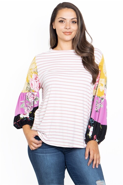 Womens Plus Size Ivory and Pink Top 1XL Floral Balloon Sleeves