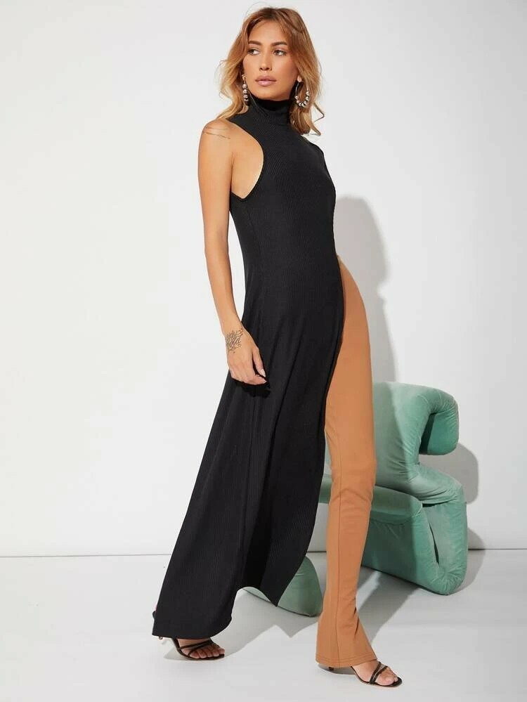 Elegant Ribbed Black Mock Neck Split Thigh Longline Asymmetrical Pullover Top L