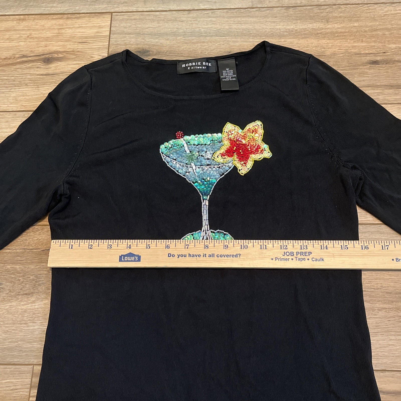 Robbie Bee Cocktail Top MEDIUM Black Stretch Beaded Sequin Tropical Drink y2k
