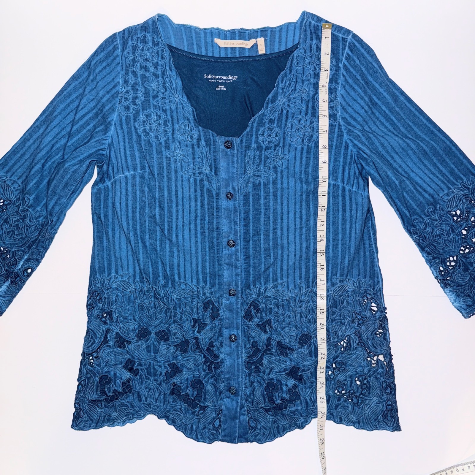 Soft Surroundings Esme Poseidon Blue Embroidered Lace Button Down Top w/ Tank S