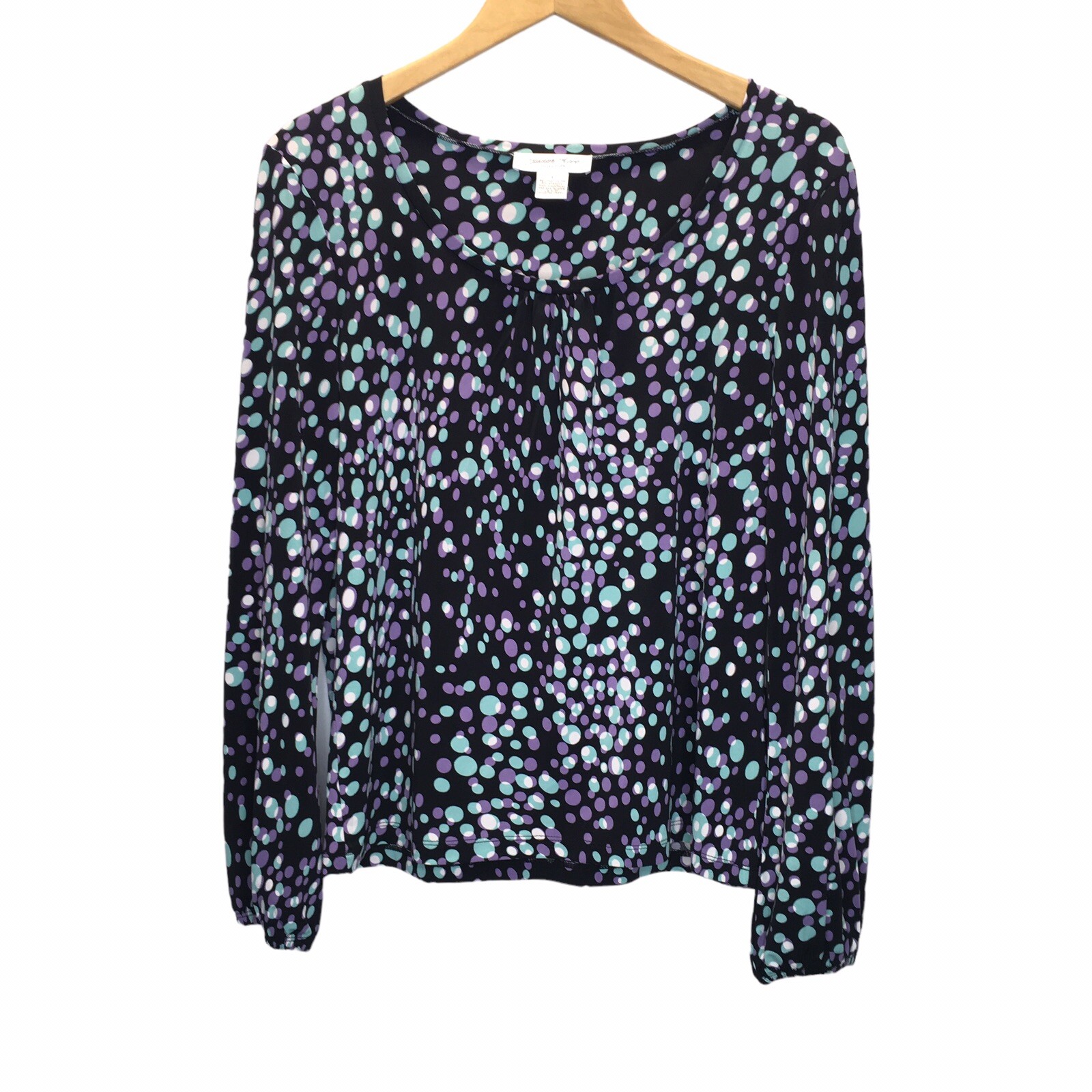 Judith Hart Peasant Blouse Black Dot Women Large Stretch Long Sleeve Top Shirt
