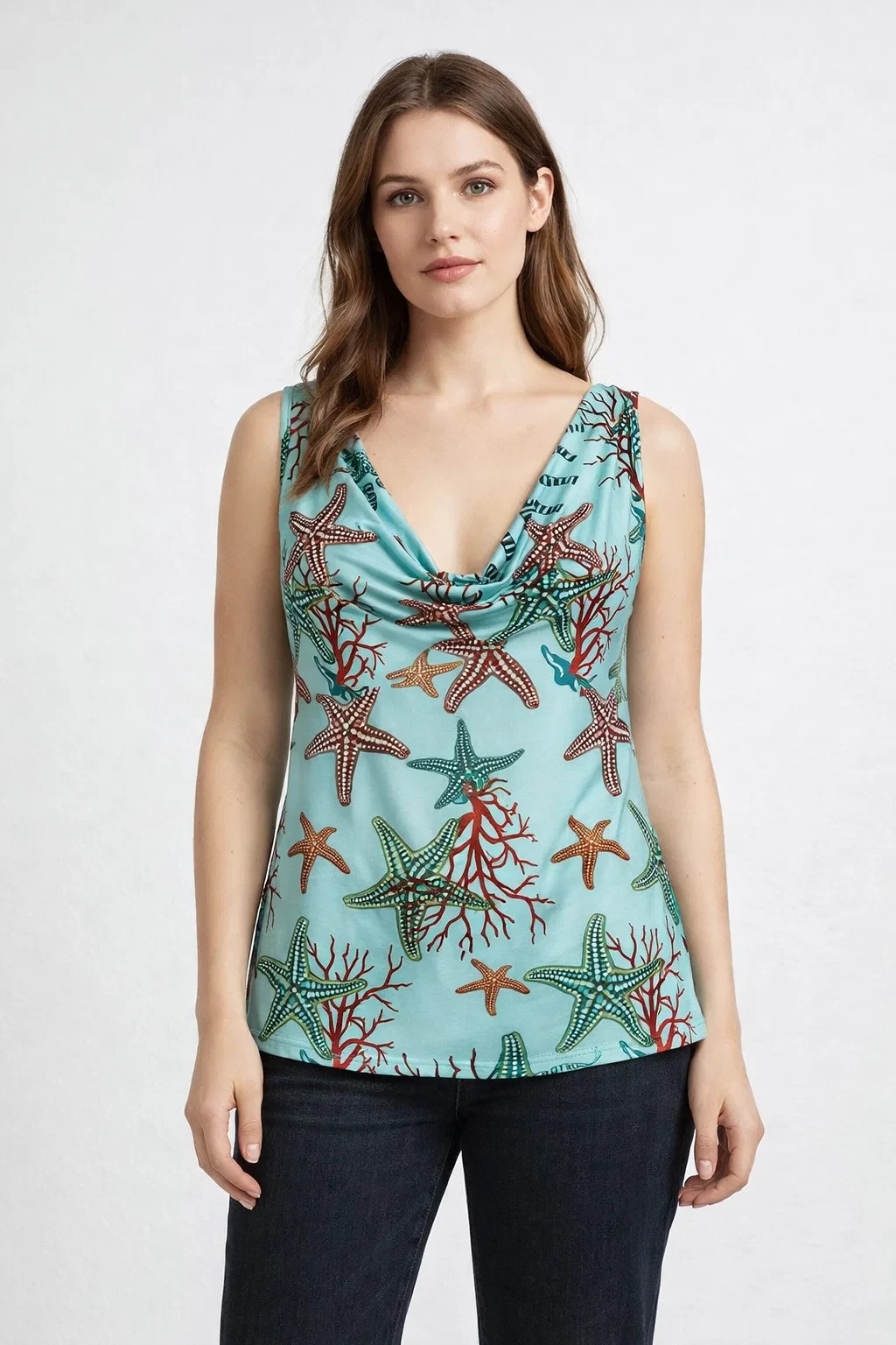 The 5 Malika Women’s Jersey Top Aqua Marine Stars Deep Neckline