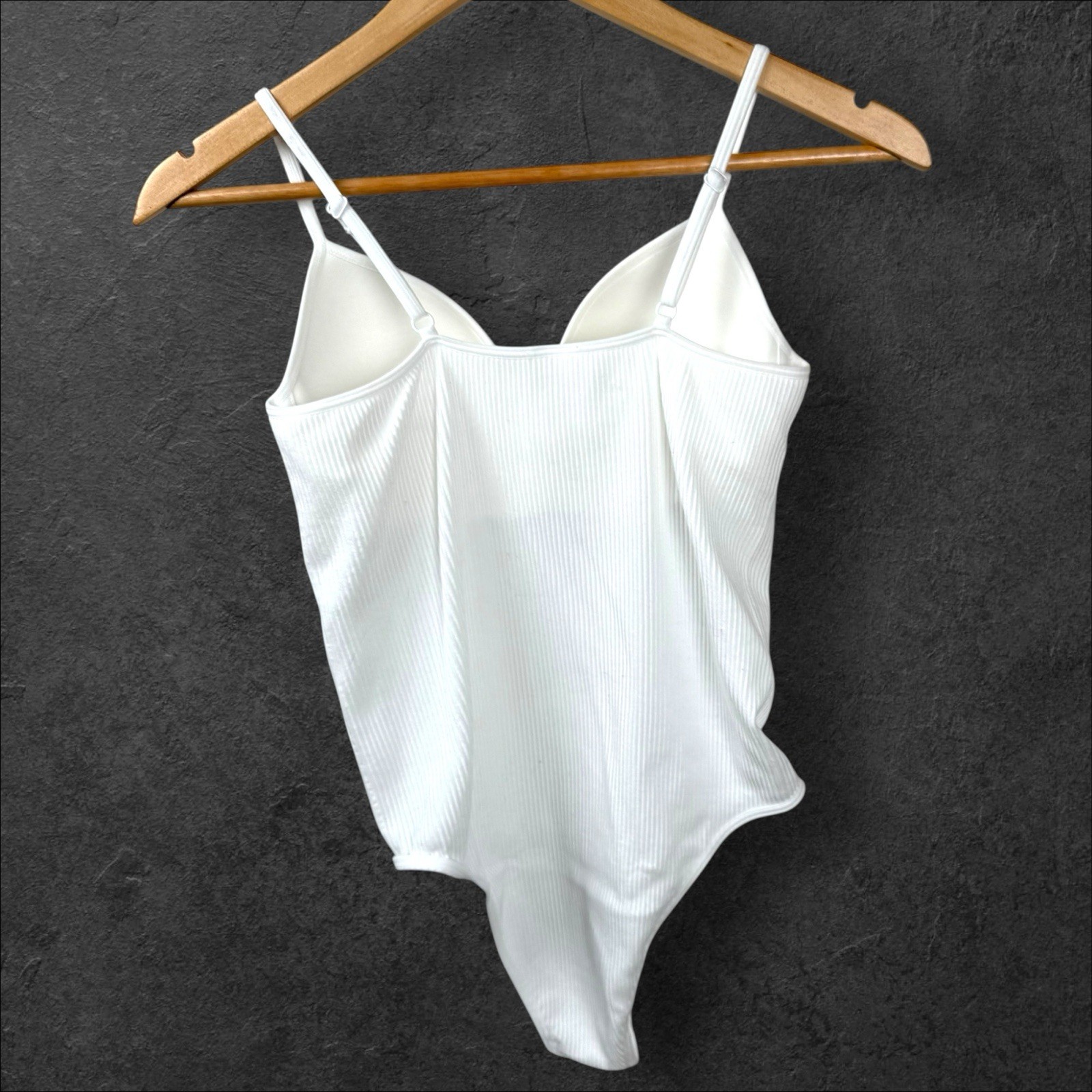 Ribbed Thong Bodysuit Womens Size M/L White Stretch Padded Capsule Wardrobe