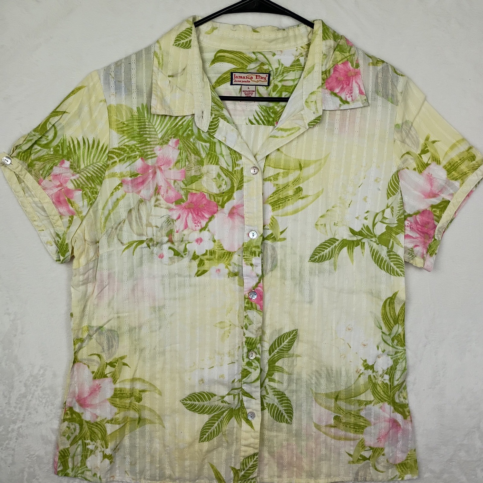 Jamaica Bay Womens Large Yellow Pink Tropical Floral Cotton Button Up Shirt L