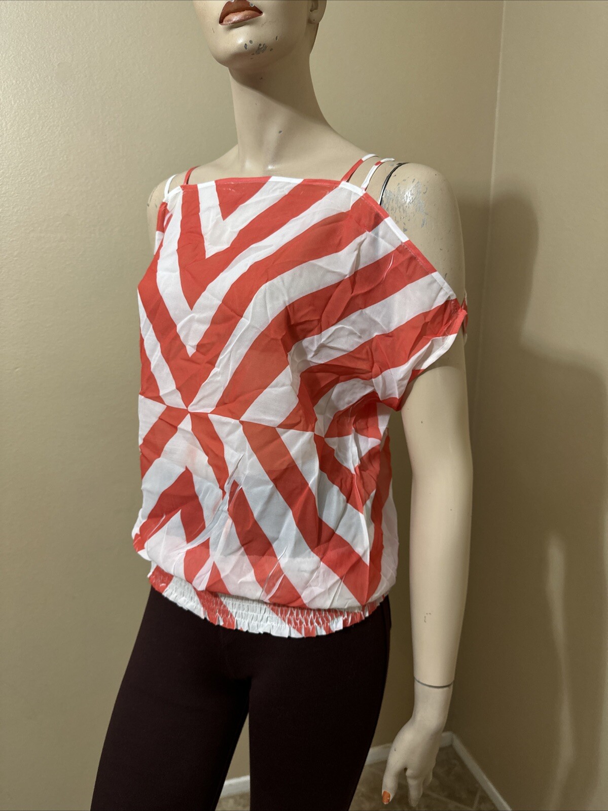 Women’s White Red Striped Polyester Casual Summer Open Elastic Waist Size L Top