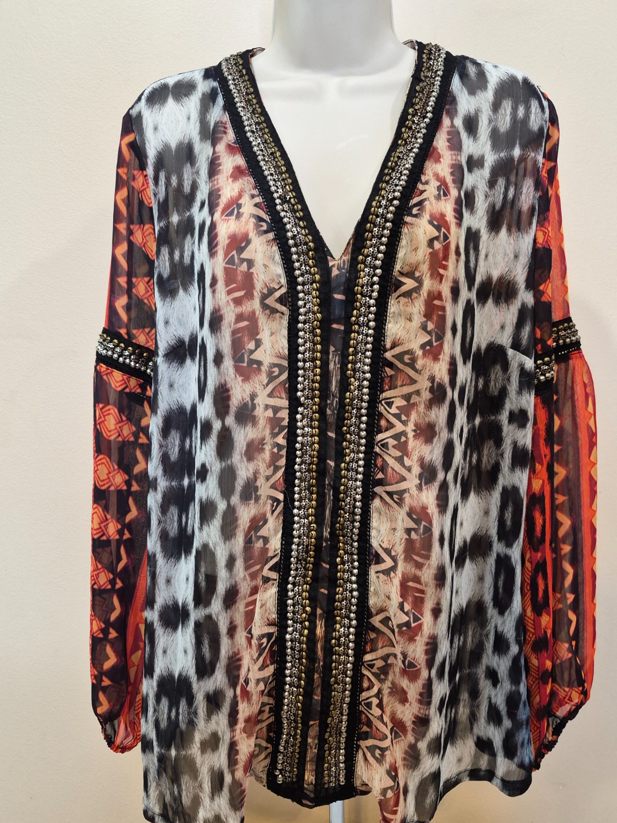 V Cristina Women’s XL Bohemian Leopard and Rust Print with Beaded Neck
