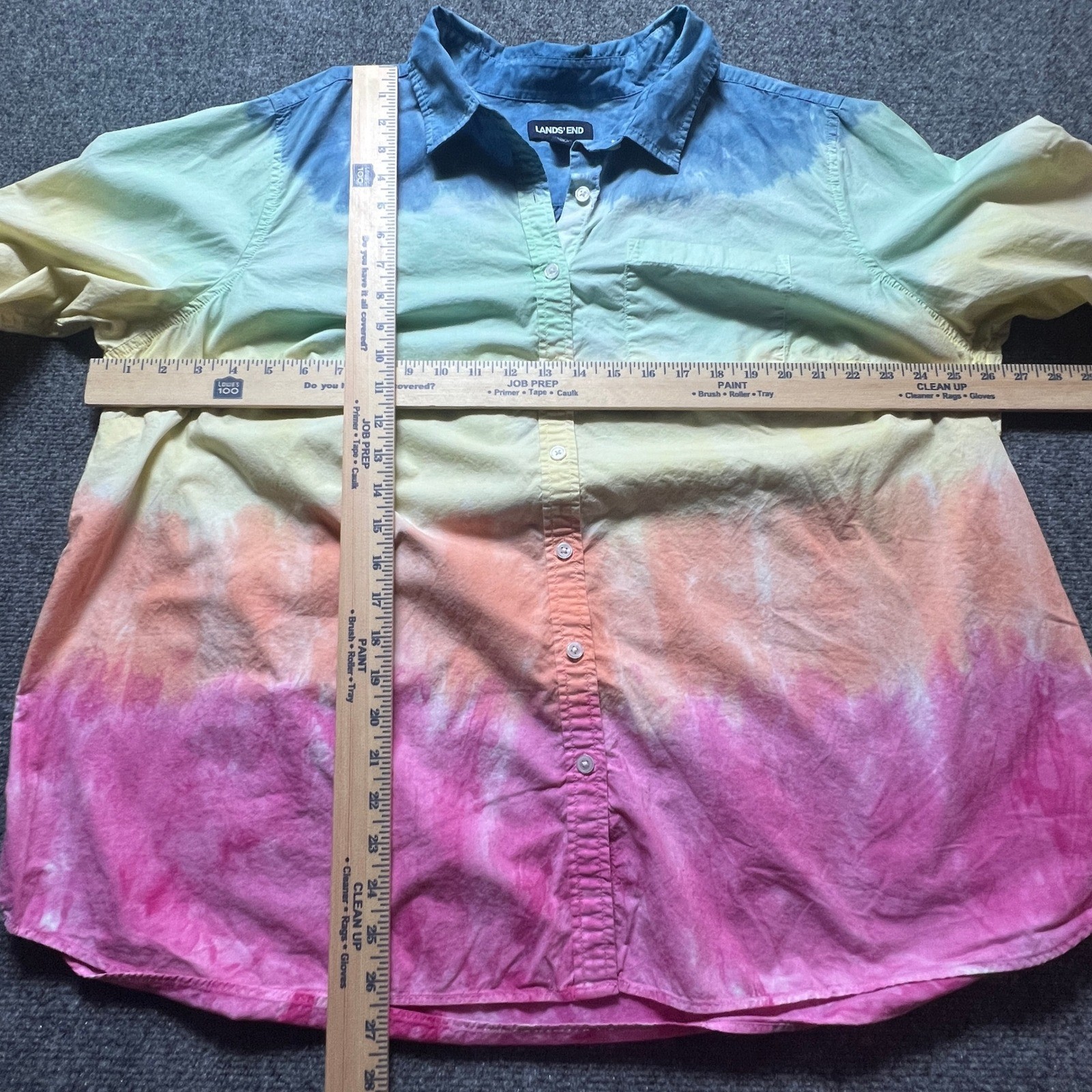 Lands End Womens 2X Tie Dye Cotton Button Down Shirt Rainbow Joy Pride Plus