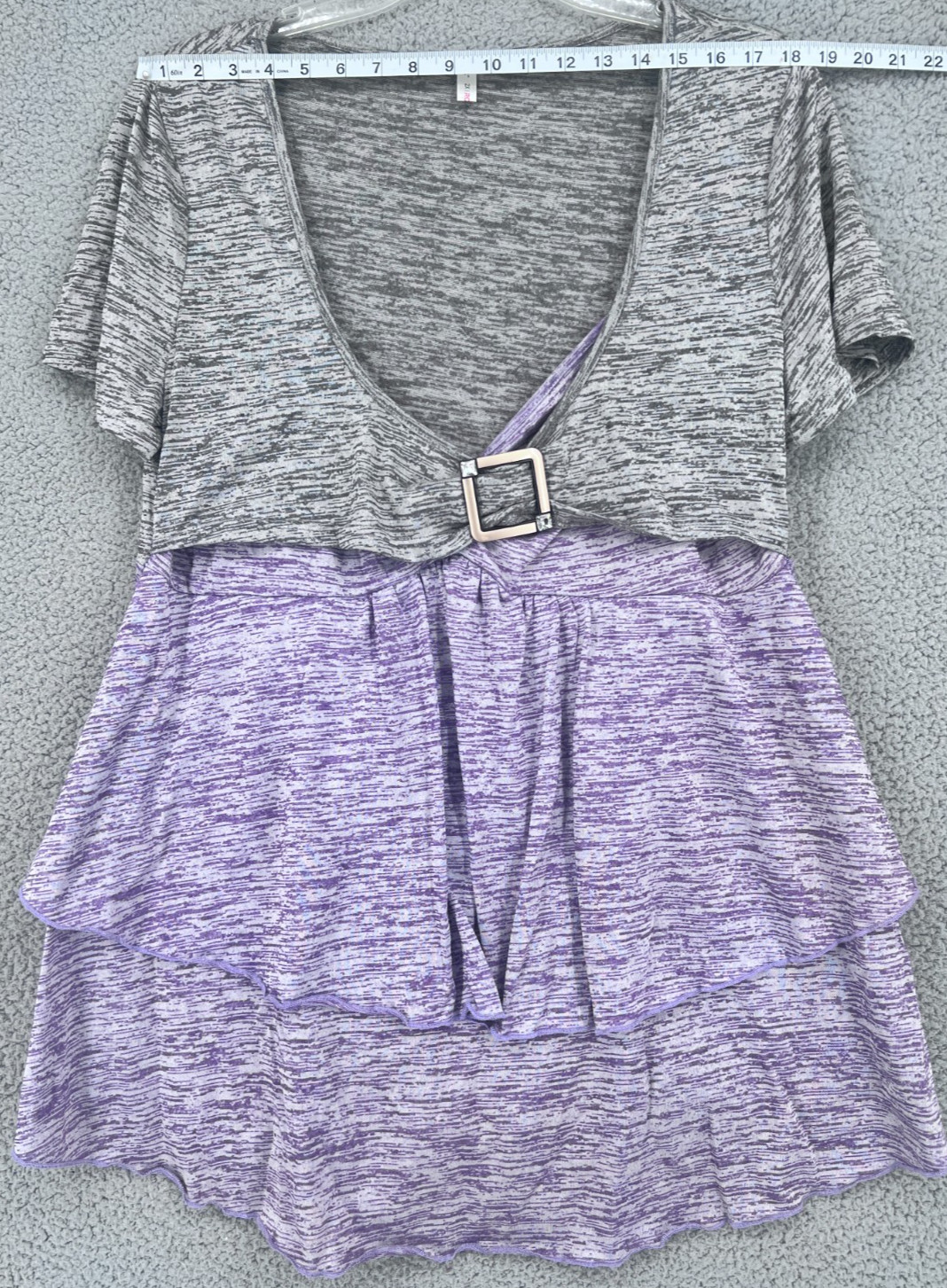 Rose Gal Grey and Purple Blouse Ruffles and Buckle Size 2XL