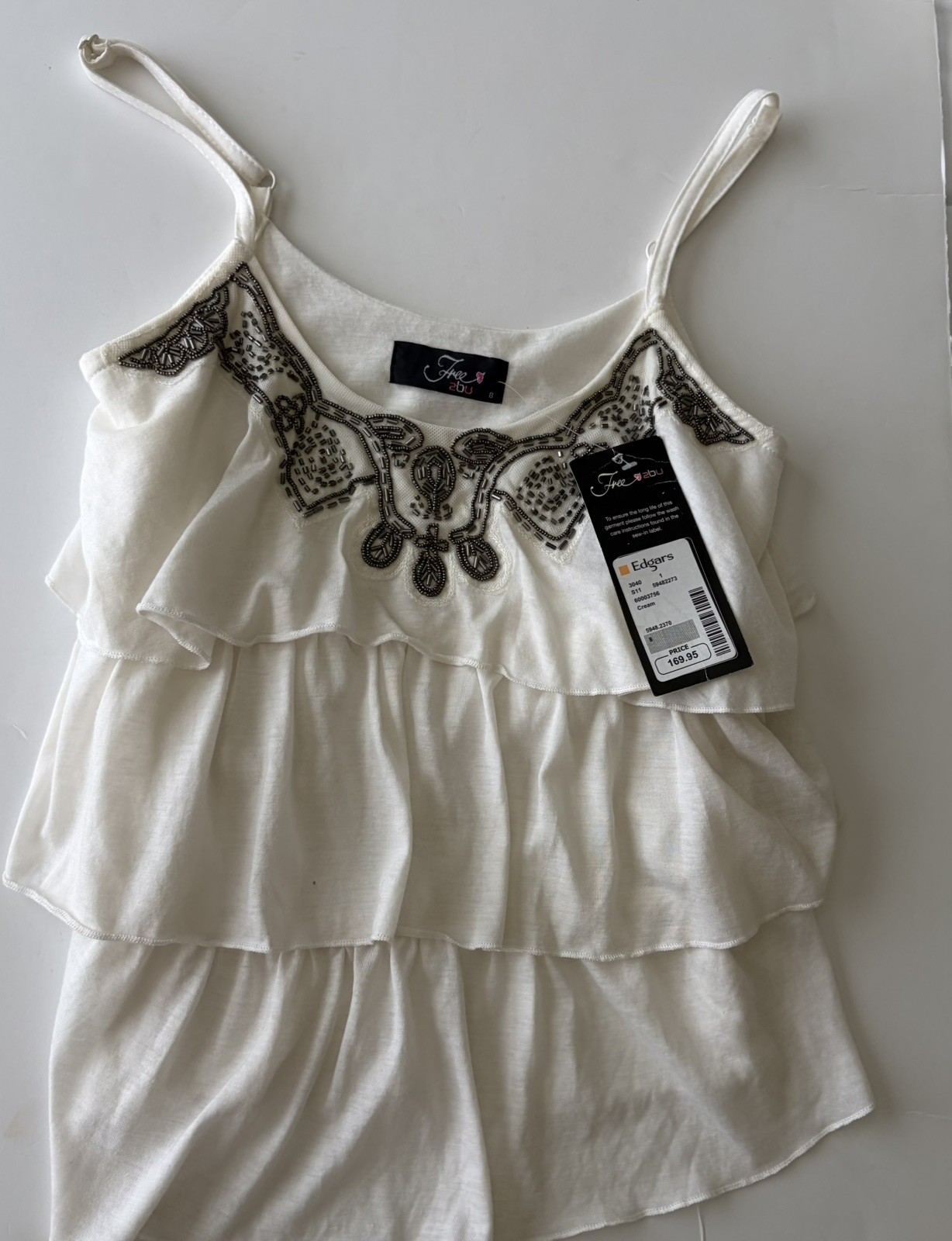 FREE2BU Women’s Cream layers beaded Ruffle spaghetti strap Top SZ 8