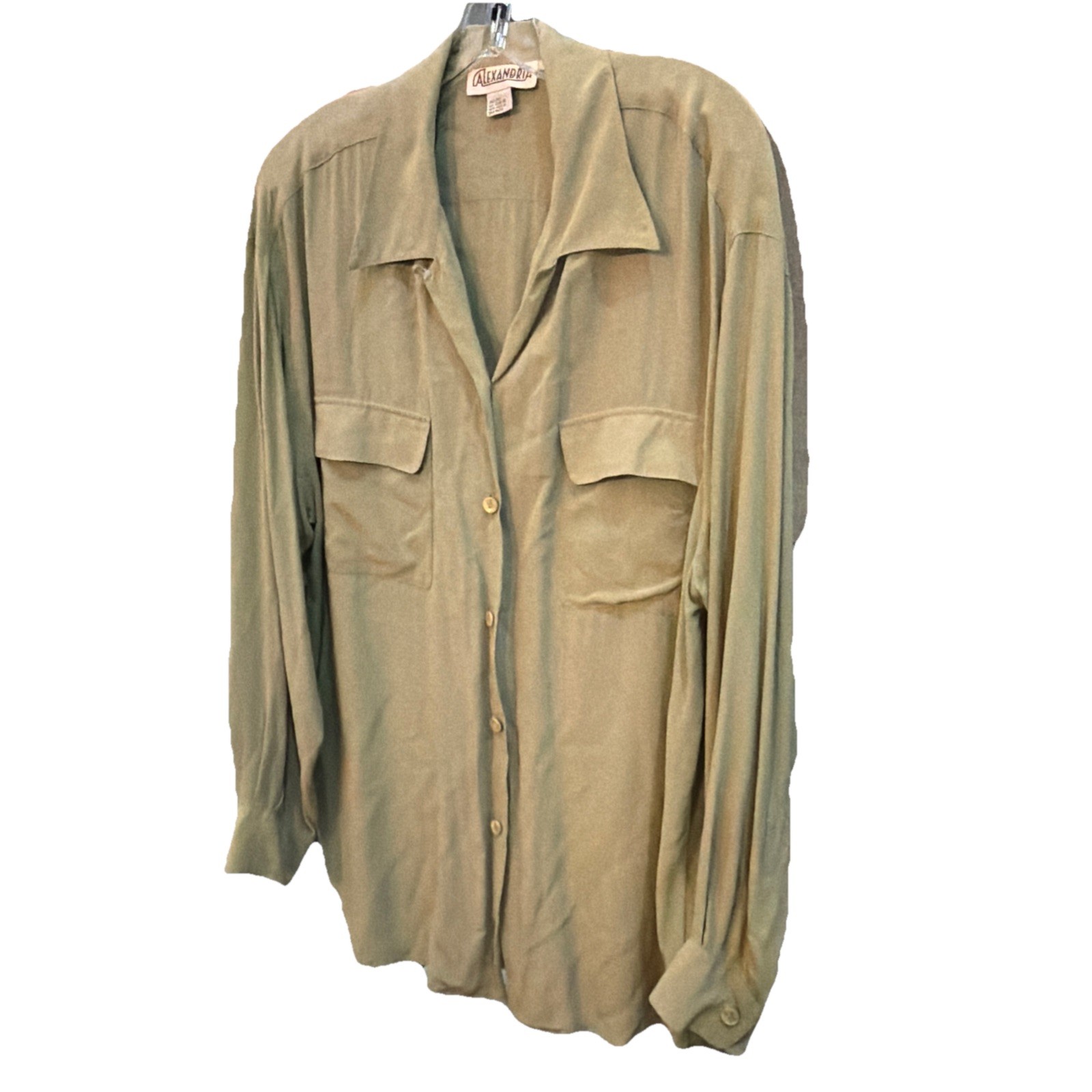 Vintage Y2K Alexandria L Minimalist 100% Silk Button Up Collar Blouse Sage Green