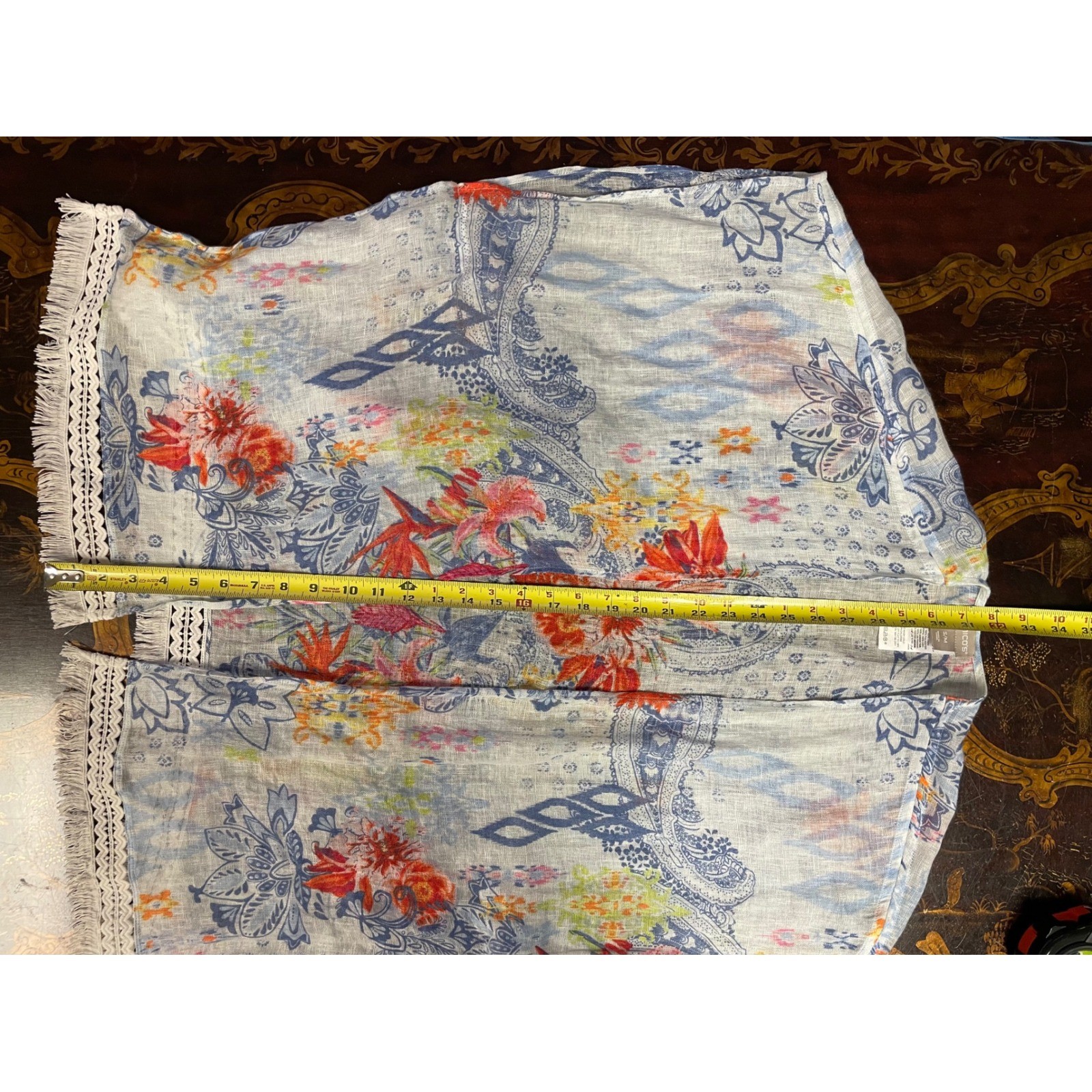 Chicos Ruana Wrap Linen Floral Paisley Kimono Blue White Lace Trim Coastal S/M