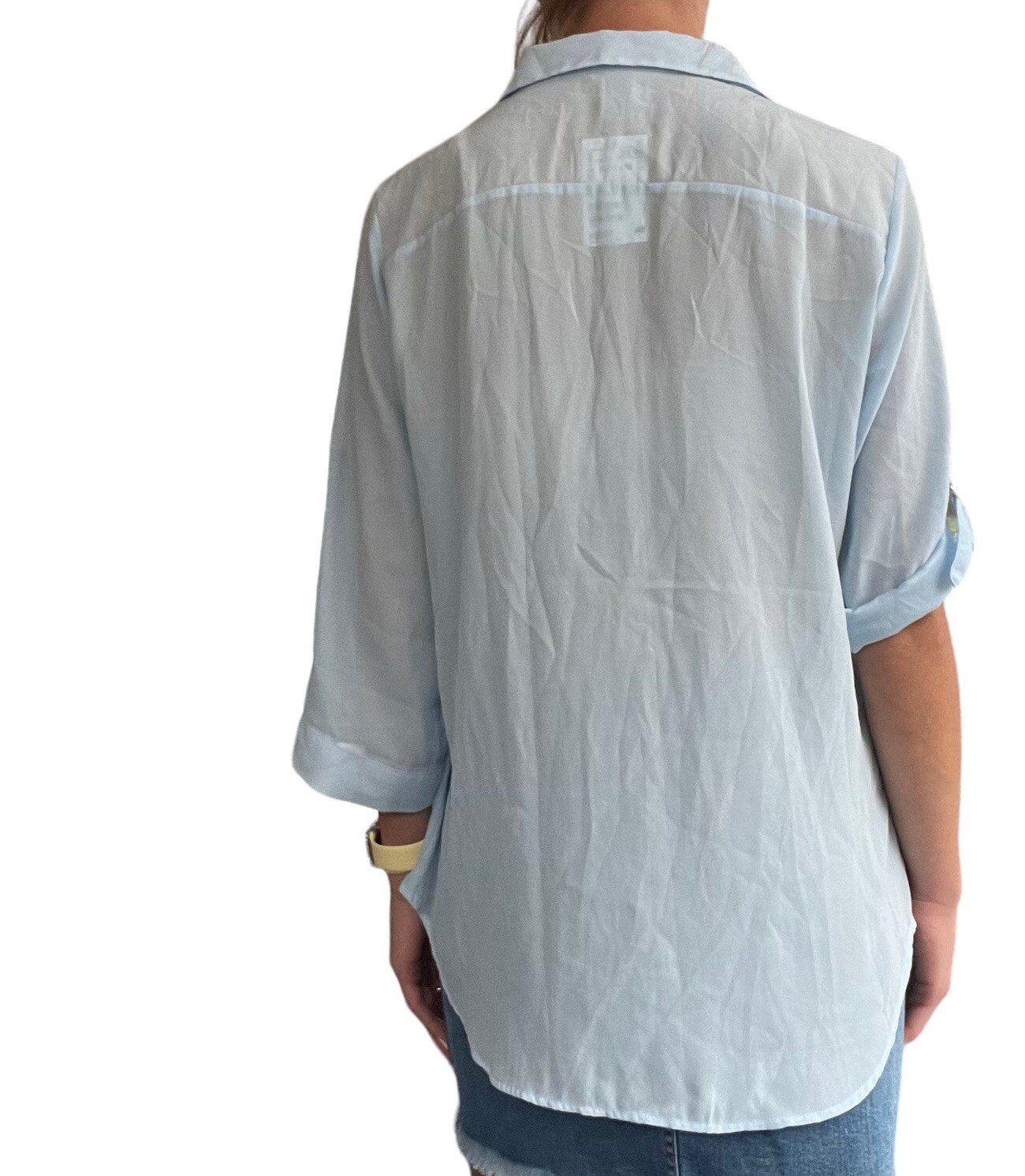 H&M Women’s Sz 12 Light Blue 3/4 Roll Tab Sleeves Lightweight Button Front Shirt