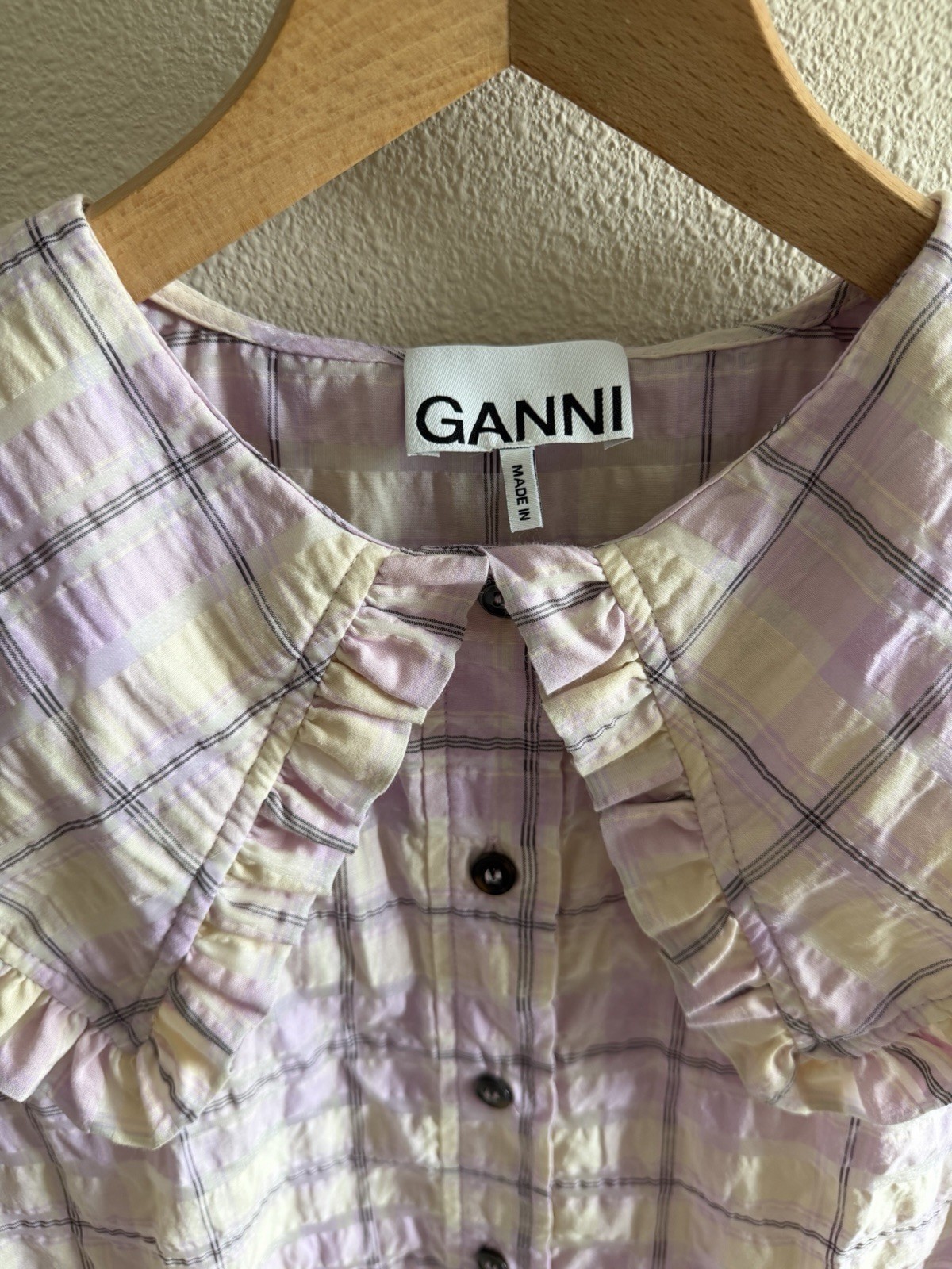 GANNI Womens Medium EU 40 Purple Check Ruffle Collar Blouse Scandi Feminine