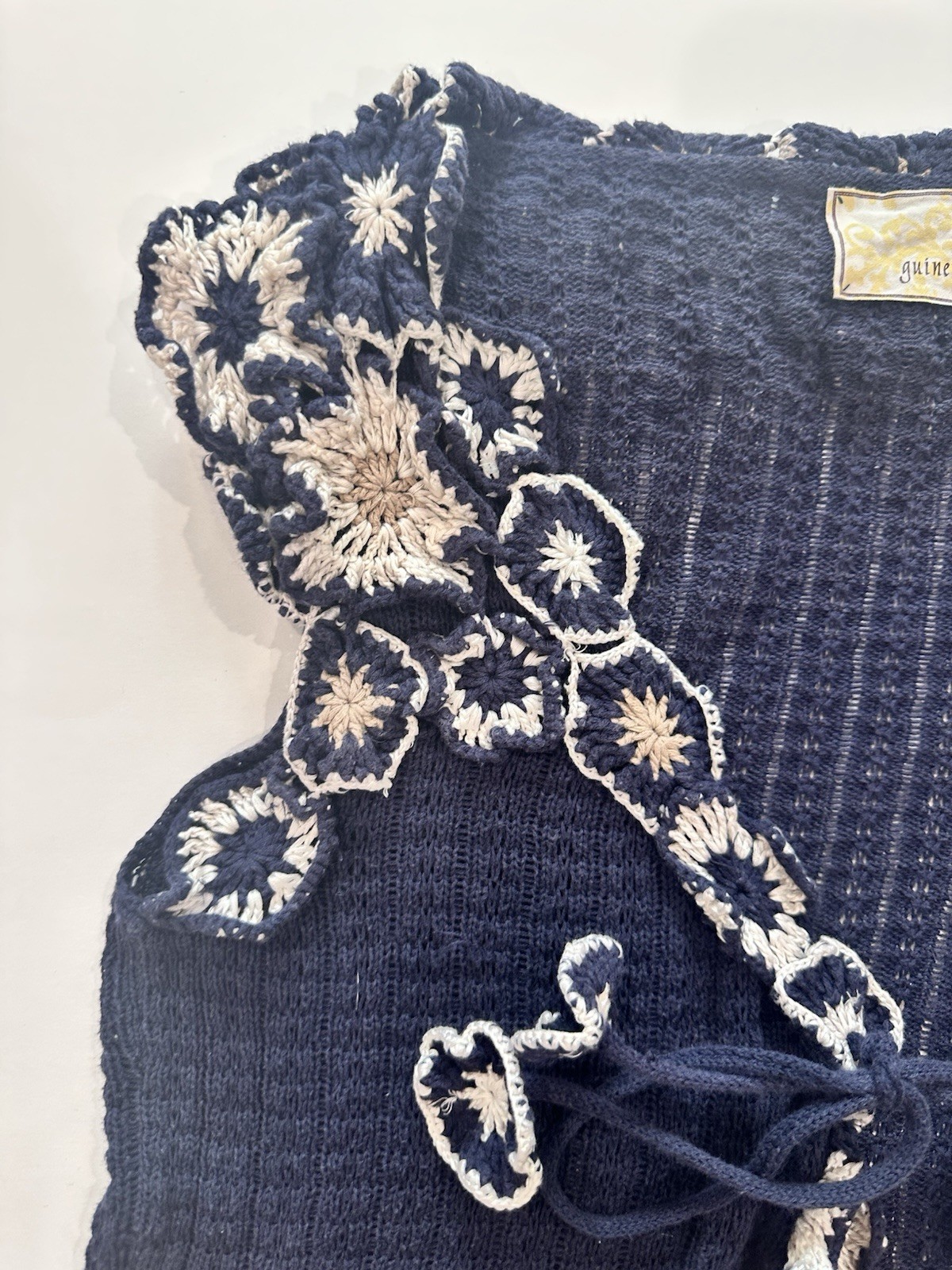 Anthropologie Guinevere Blue Cotton Knit Crochet Floral Tie-Front Sleeveless