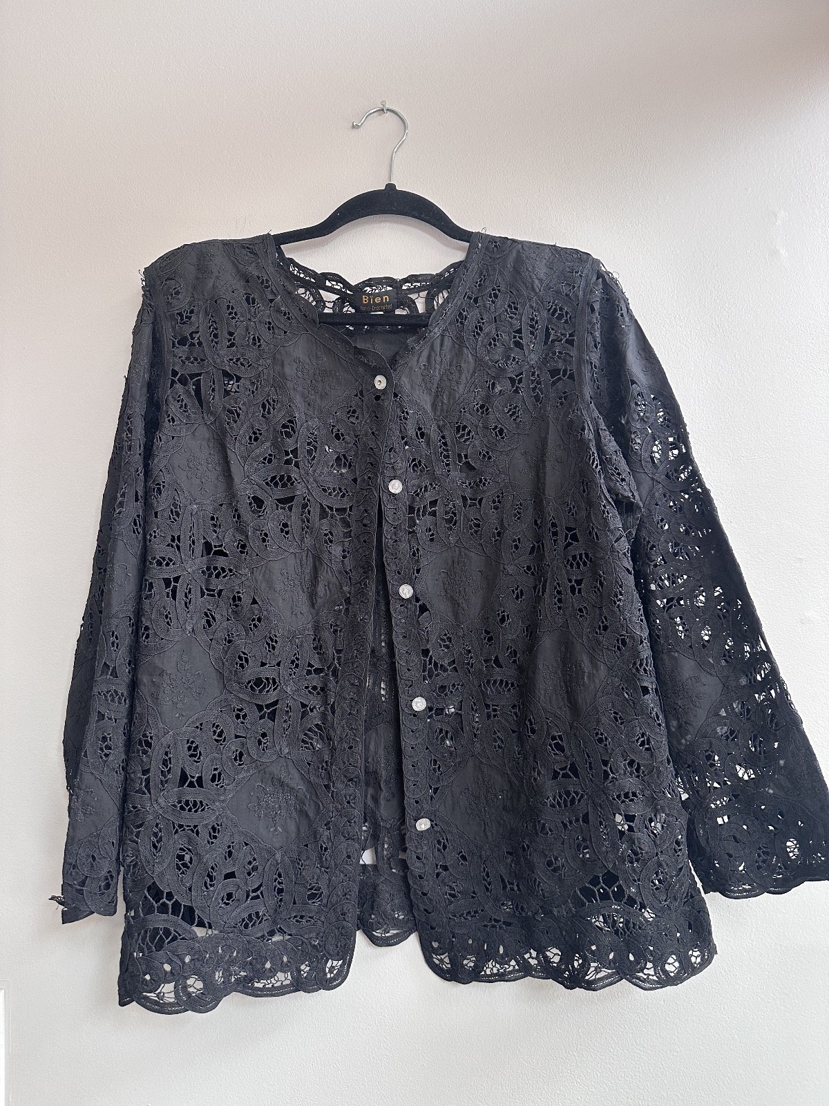 Bien Vintage Black Hand-Crochet Button Up XL 3/4 Sleeves Cotton Boho Witchy