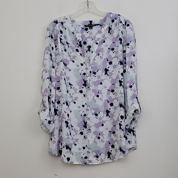 Zac & Rachel White, Purple, Blue & Gray Watercolor Print Tab Sleeve Top XL