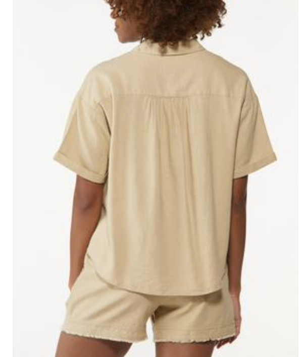CATO Women’s J/M Frayed Linen Shirt – Safari Beige, L-XL