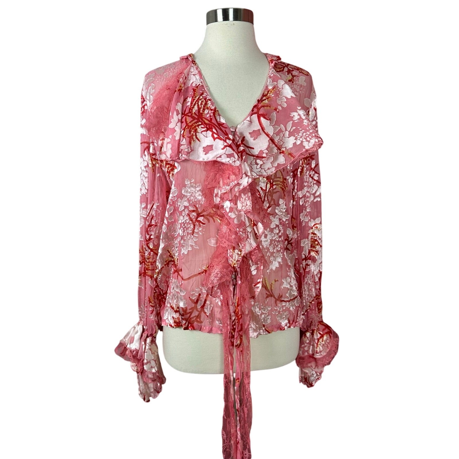 Y2K Fantazia Pink Lace Blouse Victorian Silk Blend Sheer Whimsy Womens Size XL
