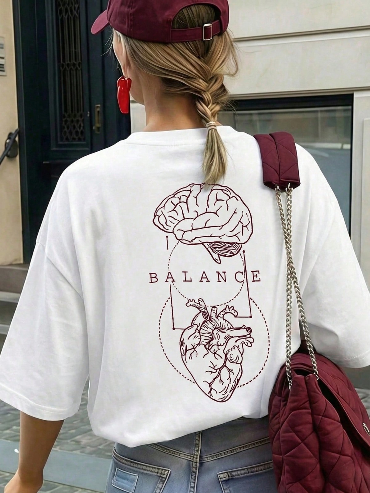 Brain And Heart Anatomy Print, Loose Oversized Fit,Round Neck Short Sleeve Top
