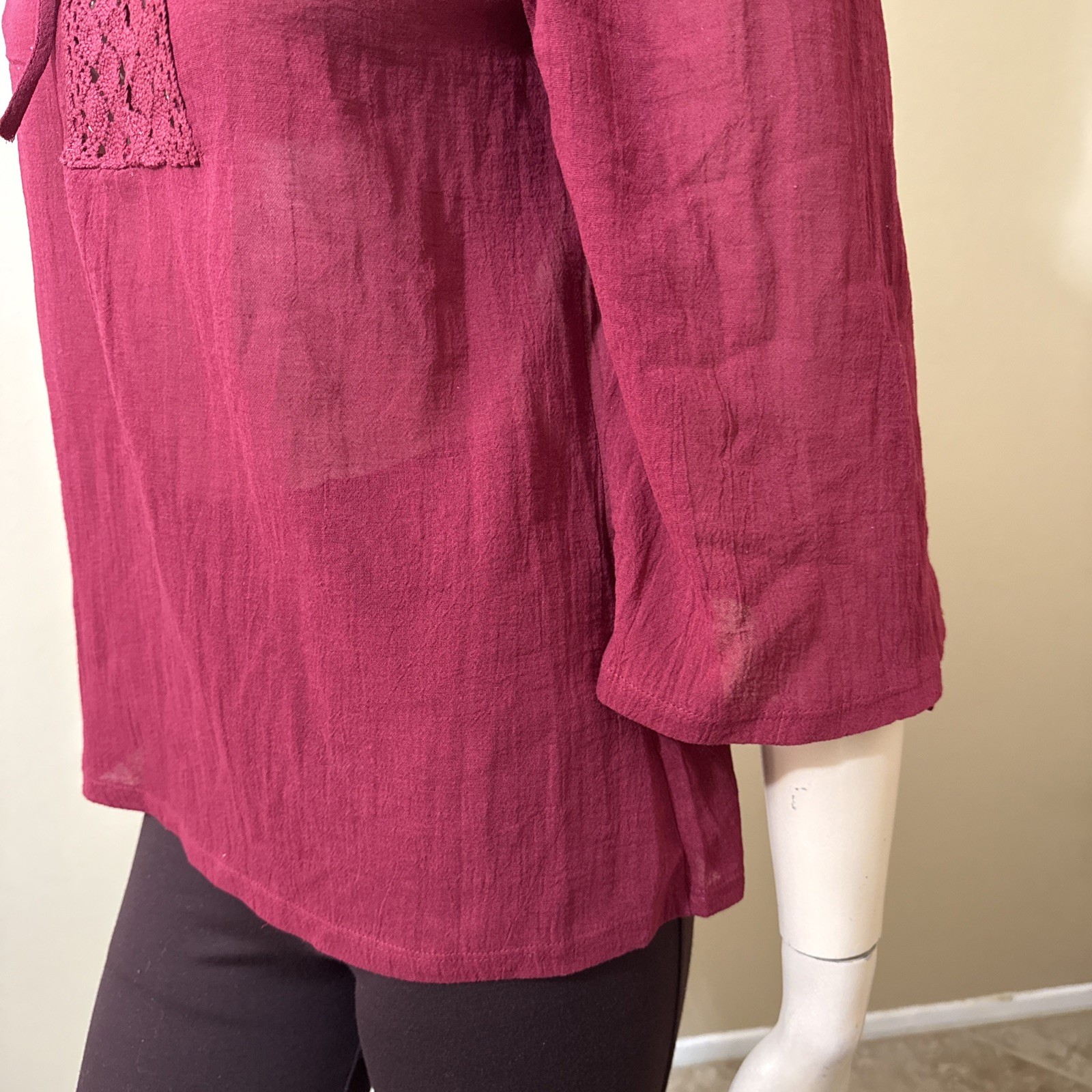 Women’s Burgundy Cotton Casual Boho Lace Long Sleeve Slit Tied Size S Blouse Top