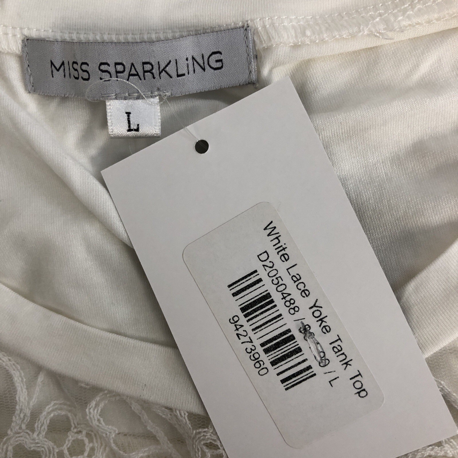 Miss Sparkling White Lace Yoke Tank Top Large